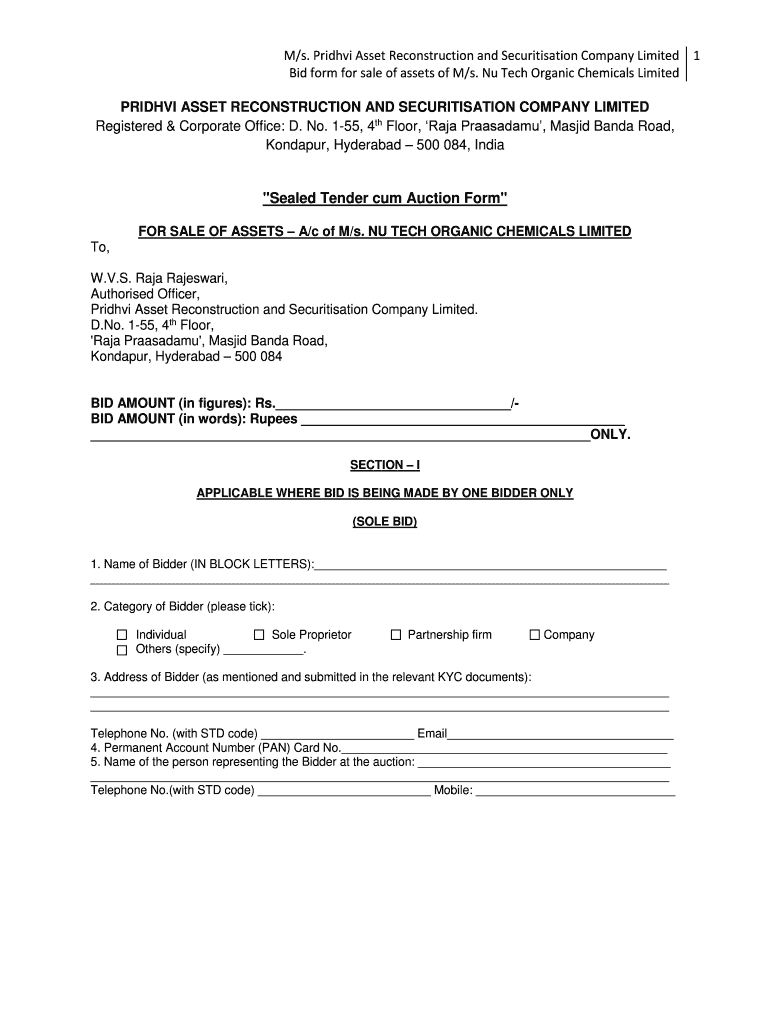 Fillable Online paras org Bid form for sale of assets of Ms. Nu Tech