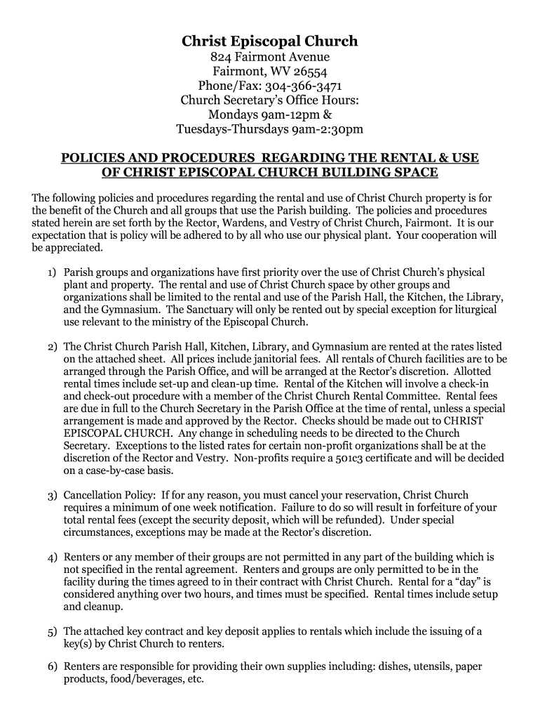 Fillable Online Rental contract Christ Episcopal Church of Fairmont