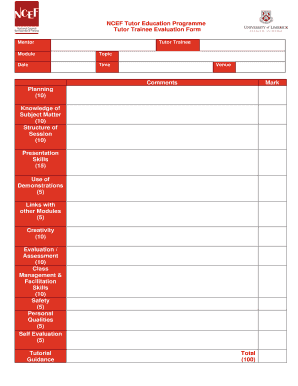 NCEF Tutor Education Programme Tutor Trainee Evaluation Form