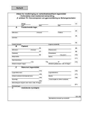 Attest for medbringing av narkotikaklassifisert legemiddel - felleskatalogen