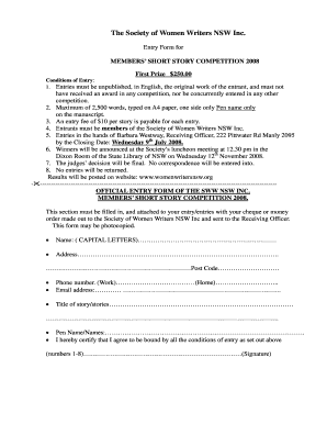 SWW Entry form for Members short story 2008doc - womenwritersnsw