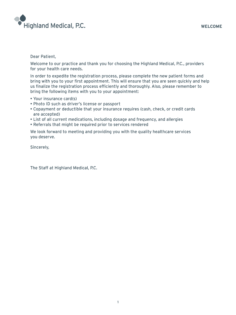 Fillable Online WELCOME Dear Patient, Welcome to our practice and thank ...