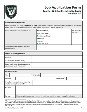 Job Application Form - The bWarwickb School - warwick surrey sch