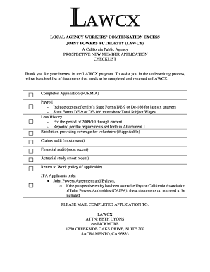 LAWCX LOCAL AGENCY WORKERS COMPENSATION EXCESS JOINT POWERS AUTHORITY (LAWCX) A California Public Agency PROSPECTIVE NEW MEMBER APPLICATION CHECKLIST Thank you for your interest in the LAWCX program - lawcx