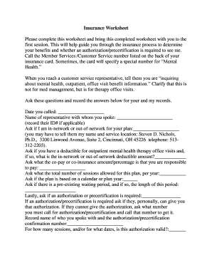 Fillable Online Insurance Worksheet - Steven D. Nichols, Ph.D. Fax ...