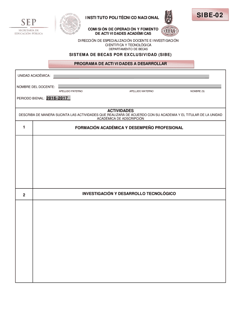 sistema de becas por exclusividad (sibe) programa de actividades a desarrollar instituto politcnico  Vista previa en la página 1