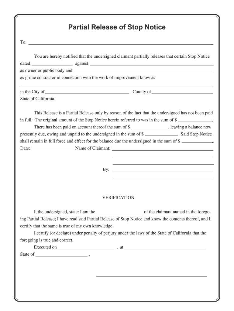 Fillable Online PARTIAL RELEASE OF STOP NOTICE PARTIAL RELEASE OF STOP