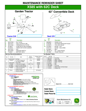 MAINTENANCE REMINDER SHEET X585 with 62C Deck Garden Tractor 62 Convertible Deck 5 11 6 9 13 3 4 8 10 2 7 12 1 Deck S/N Tractor S/N Key 1 2 3 4 Part No