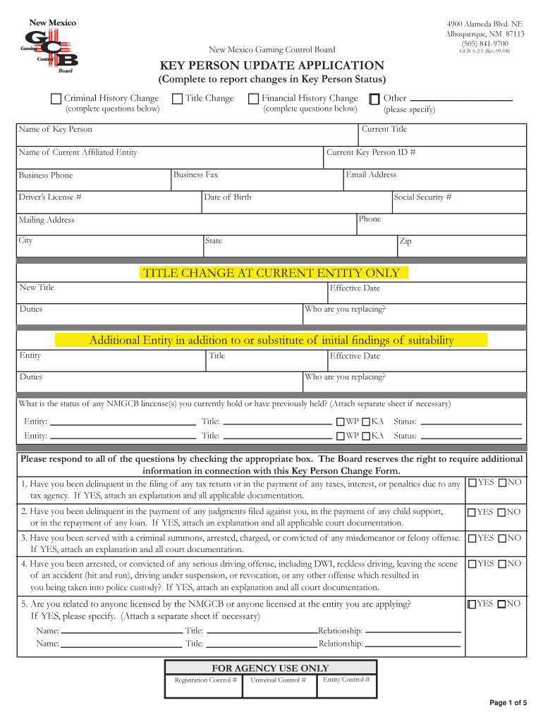 Fillable Online New Mexico Gaming Control Board KEY PERSON UPDATE Fax Email Print pdfFiller