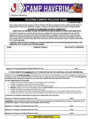 Candidate evaluation form excel - HAVERIM CAMPER RELEASE FORM - bhaverimsummercampbborgb