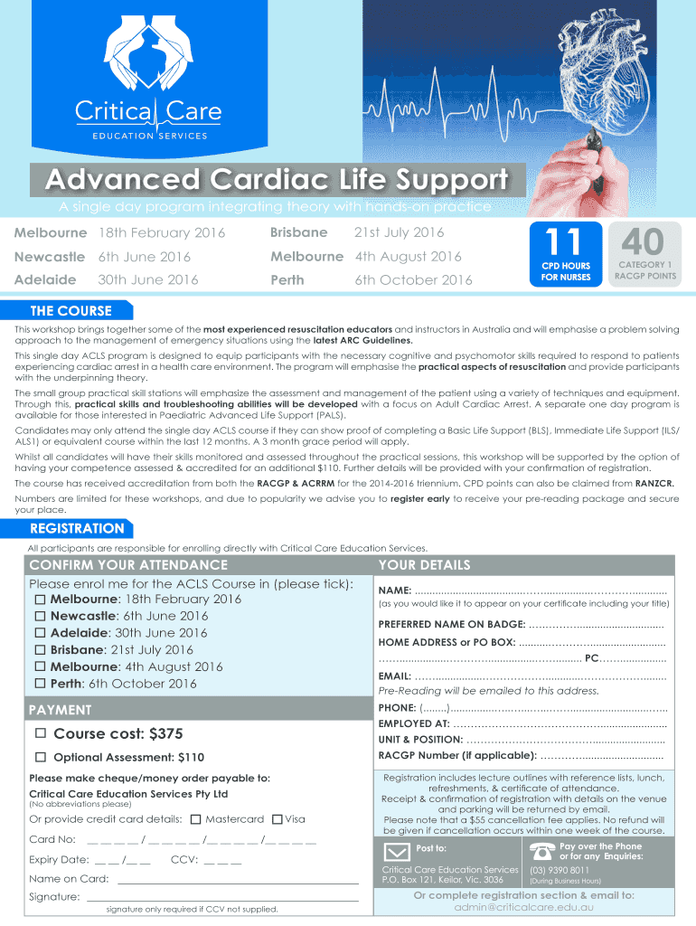 Fillable Online criticalcare edu Advanced Cardiac Life Support Critical Care Education Fax