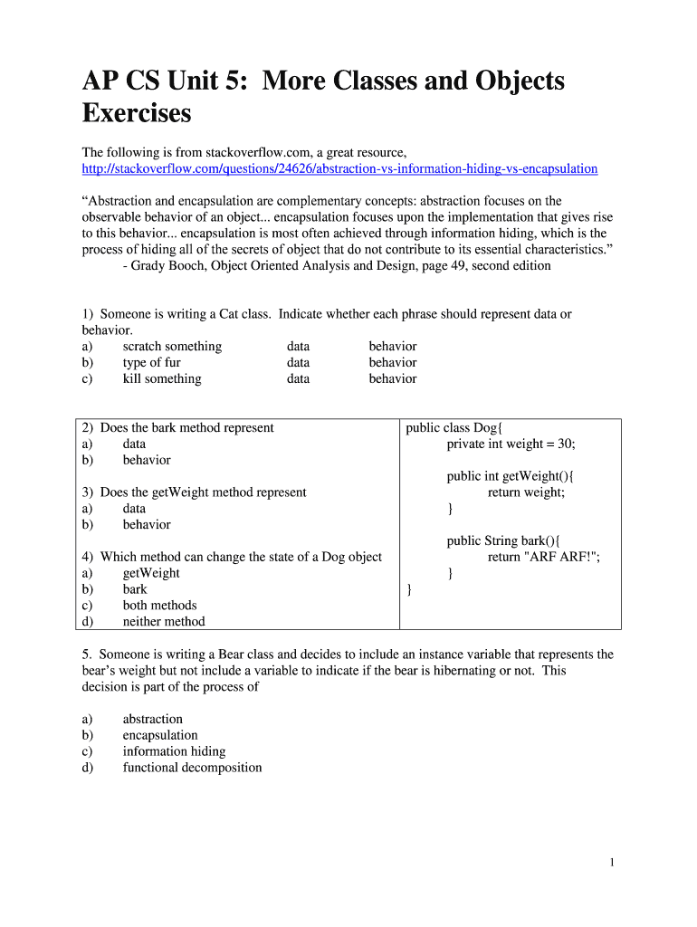 Fillable Online AP CS Unit 5 More Classes and Objects Exercises Fax ...