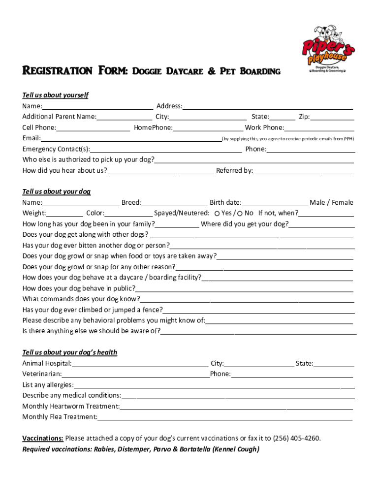 Registration Form Doggie Daycare Pet - Pipers Playhouse - pipersplayhouse Preview on Page 1