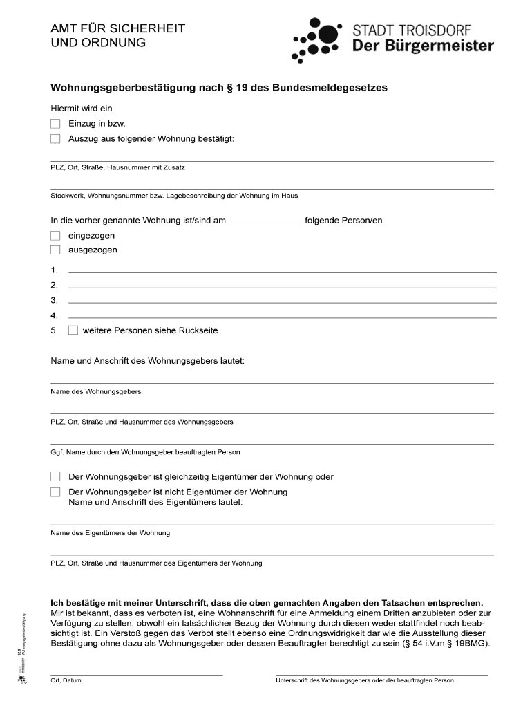 Wohnungsgeberbest tigung nach 19 des Bundesmeldegesetzes Preview on Page 1