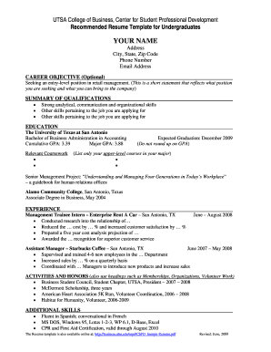 Sample resume objectives - Sample Resume - UTSA College of Business