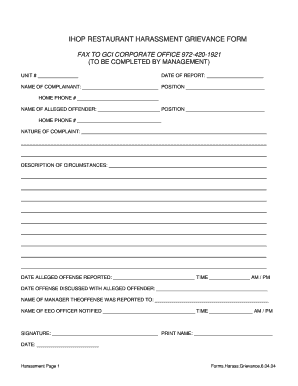 IHOP RESTAURANT HARASSMENT GRIEVANCE FORM