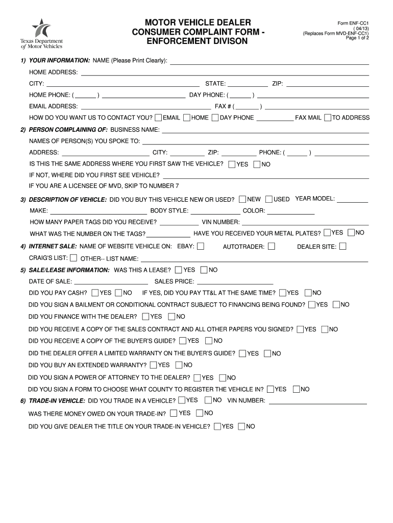Texas Dealer Complaint bFormb Preview on Page 1