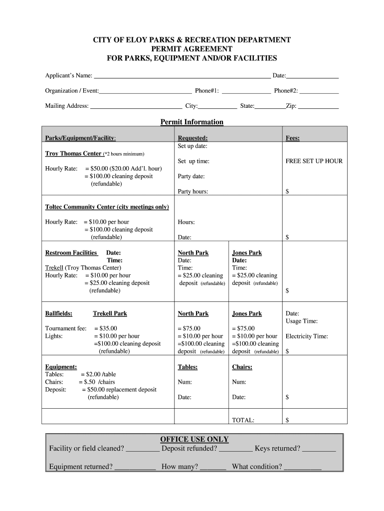 Fillable Online eloyaz Permit Agreement for Parks, Equipment and/or