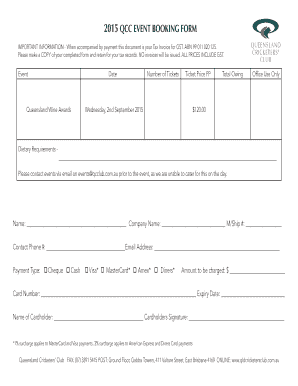 2015 QCC EVENT BOOKING FORM - Queensland Cricketers Club