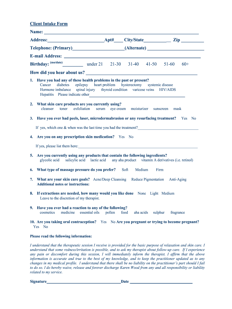 facial intake form pdf Preview on Page 1