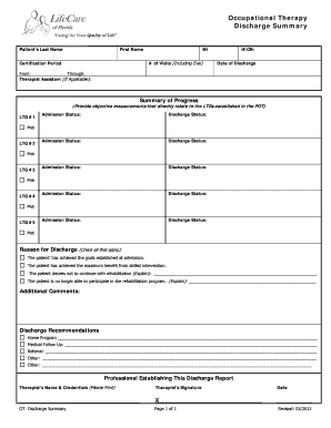 Discharge card - Occupational Therapy Discharge Summary - LifeCare Therapy