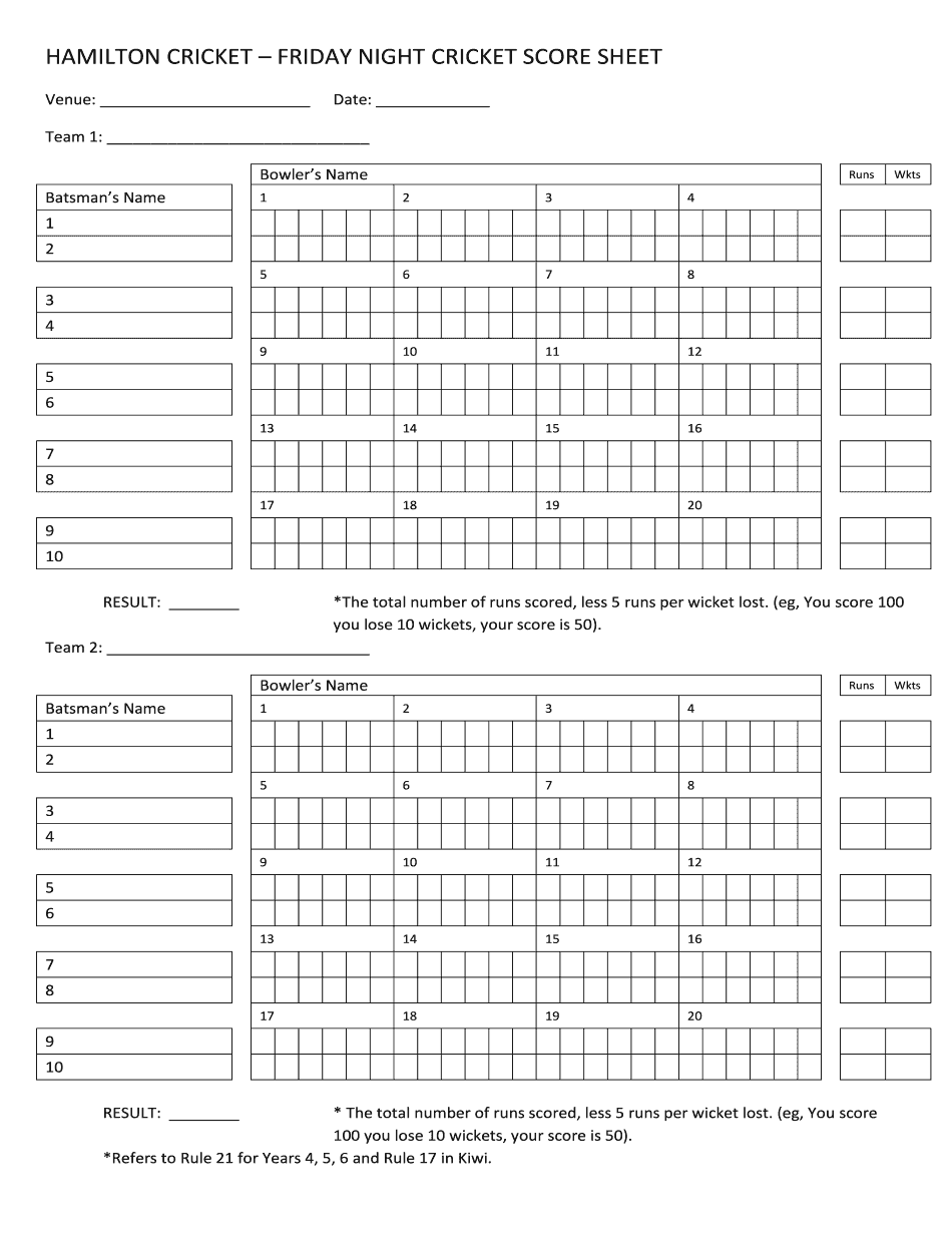 Cricket Score Book Form