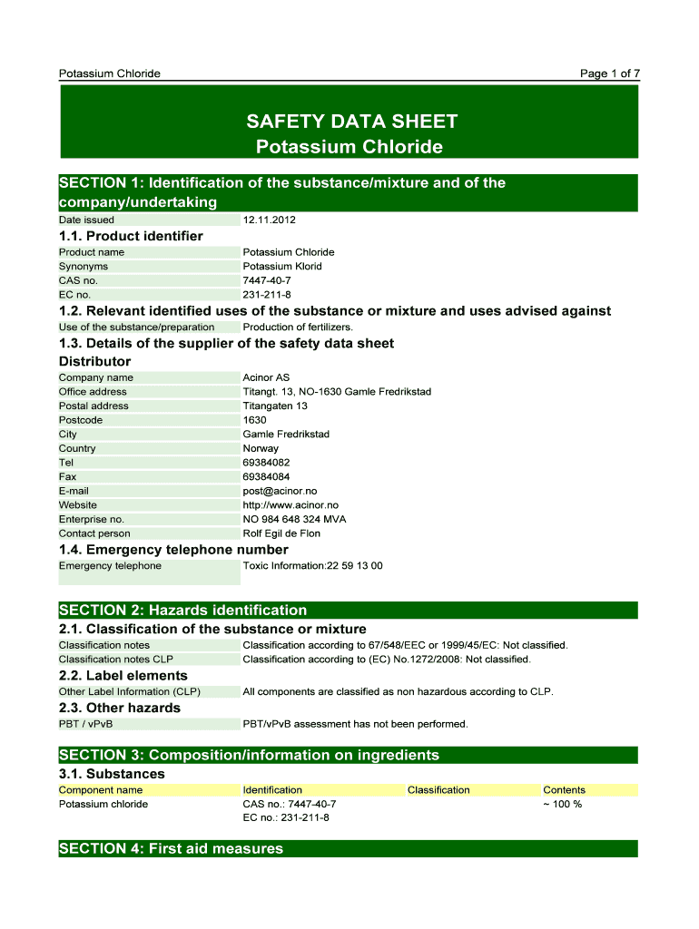 Fillable Online pubadmin ostfold SAFETY DATA SHEET Potassium Chloride