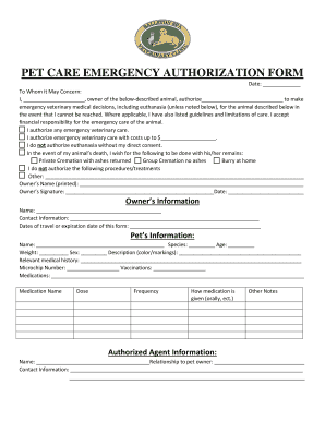 Pet Care Emergency Authorization Form