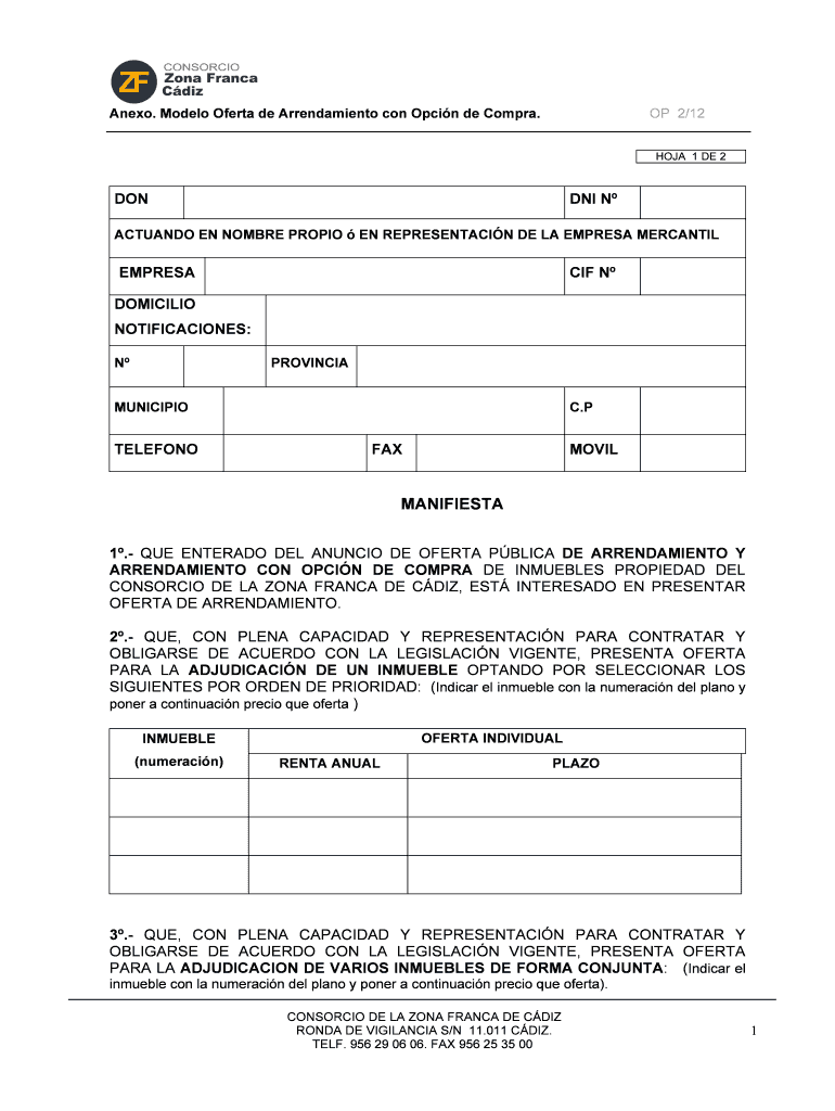 OP 0212-OFERTA ECONOMICA-ARRENDAMIENTO OPCION COMPRA MODELO OFERTA ARRENDAMIENTO CON OPCION COMPRA Vista previa en la página 1