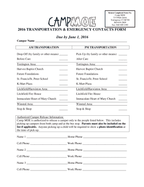 2016 TRANSPORTATION amp EMERGENCY CONTACTS FORM - Camp Moe