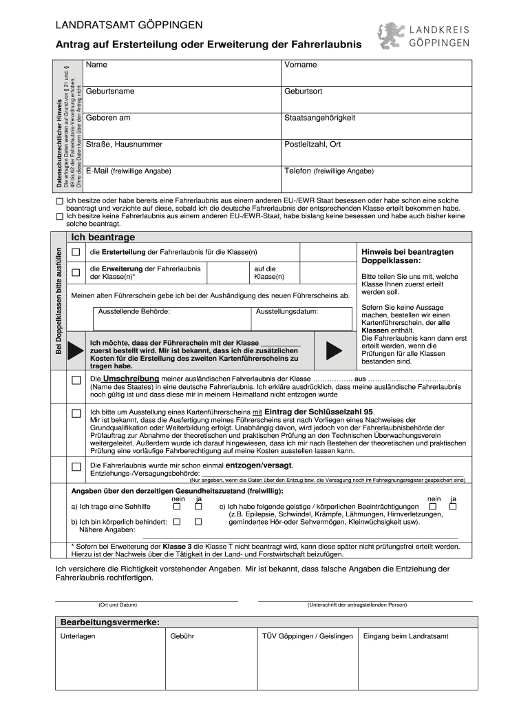 Bescheinigung über ärztliche Untersuchung Fahrerlaubnis Pdf Ausfüllbar Online Antrag auf Ersterteilung oder Erweiterung der