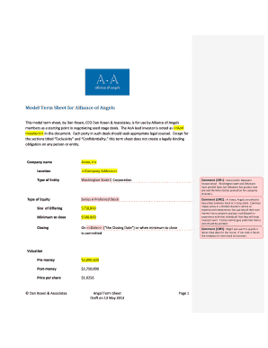 Model Term Sheet for Alliance of Angels - May 2013