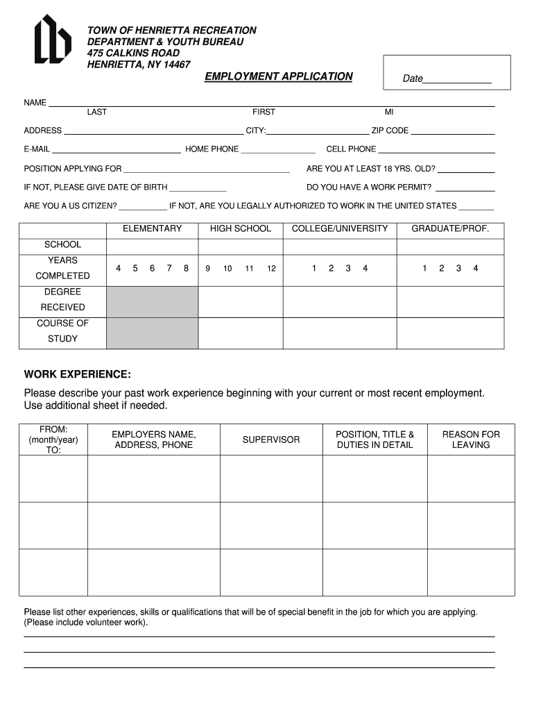Fillable Online henrietta EMPLOYMENT APPLICATION WORK Town of