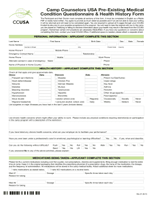 fillable online ccusa camp counselors usa pre existing medical