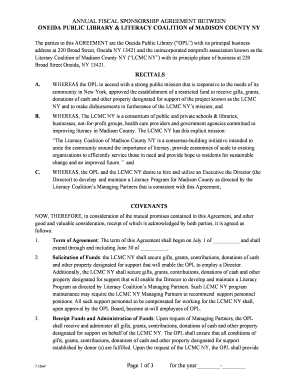 Salon non compete agreement template - ANNUAL FISCAL SPONSORSHIP AGREEMENT BETWEEN ONEIDA PUBLIC - literacycoalitionmadisoncountyny