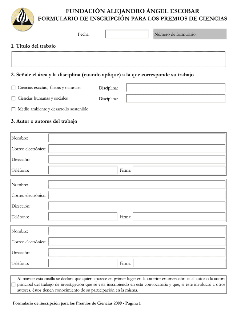 FORMULARIO DE INSCRIPCIN PARA LOS PREMIOS DE CIENCIAS Vista previa en la página 1