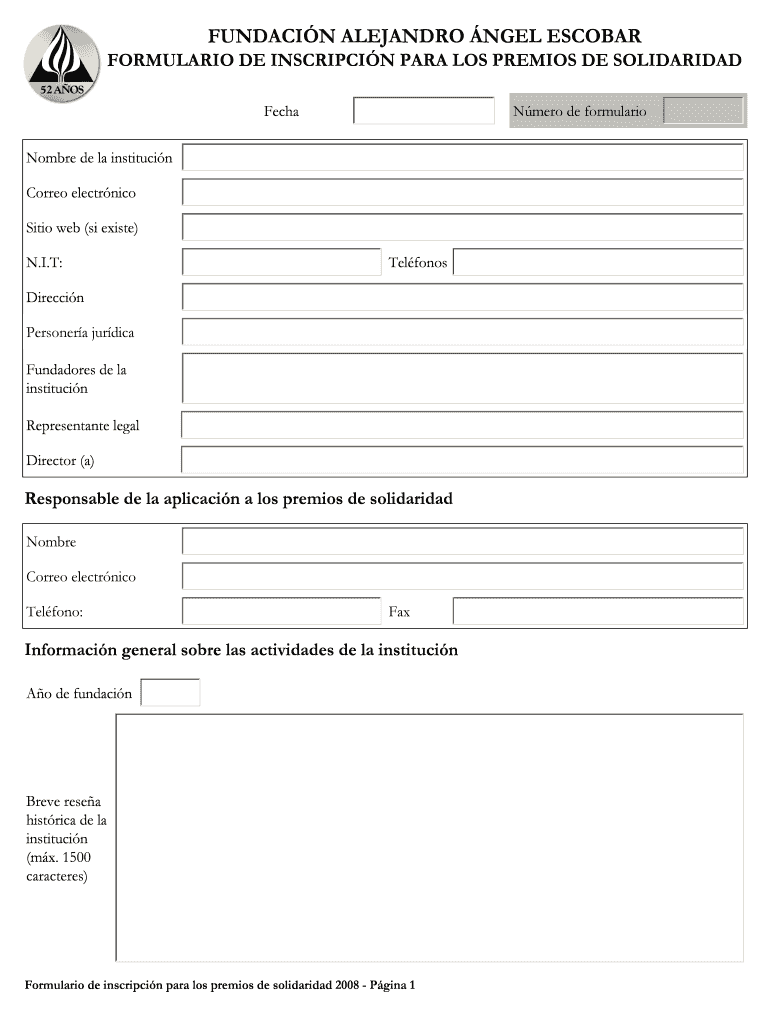 FORMULARIO DE INSCRIPCIN PARA LOS PREMIOS DE SOLIDARIDAD Vista previa en la página 1