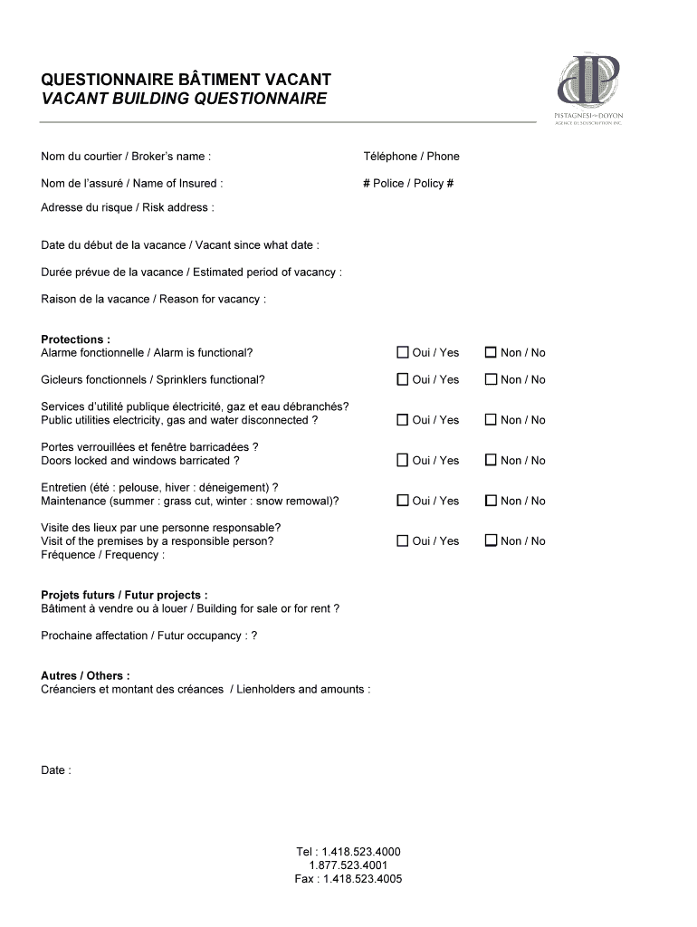Fillable Online QUESTIONNAIRE BTIMENT VACANT VACANT BUILDING
