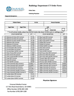 Fillable Online emanuelmedical Radiology Department CT Order Form ...