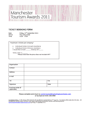 Ticket Booking Form - Manchester Tourism Awards