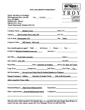 NEW JOB ORDER WORKSHEET TROY MICHIGAN WORKS Date 512013