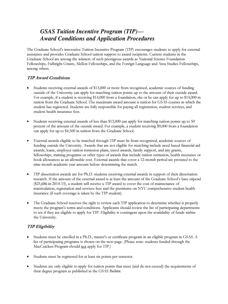 Fillable Online religiousstudies as nyu GSAS Tuition Incentive Program