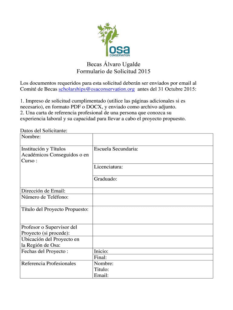 Becas lvaro Ugalde Formulario de Solicitud 2015 Vista previa en la página 1