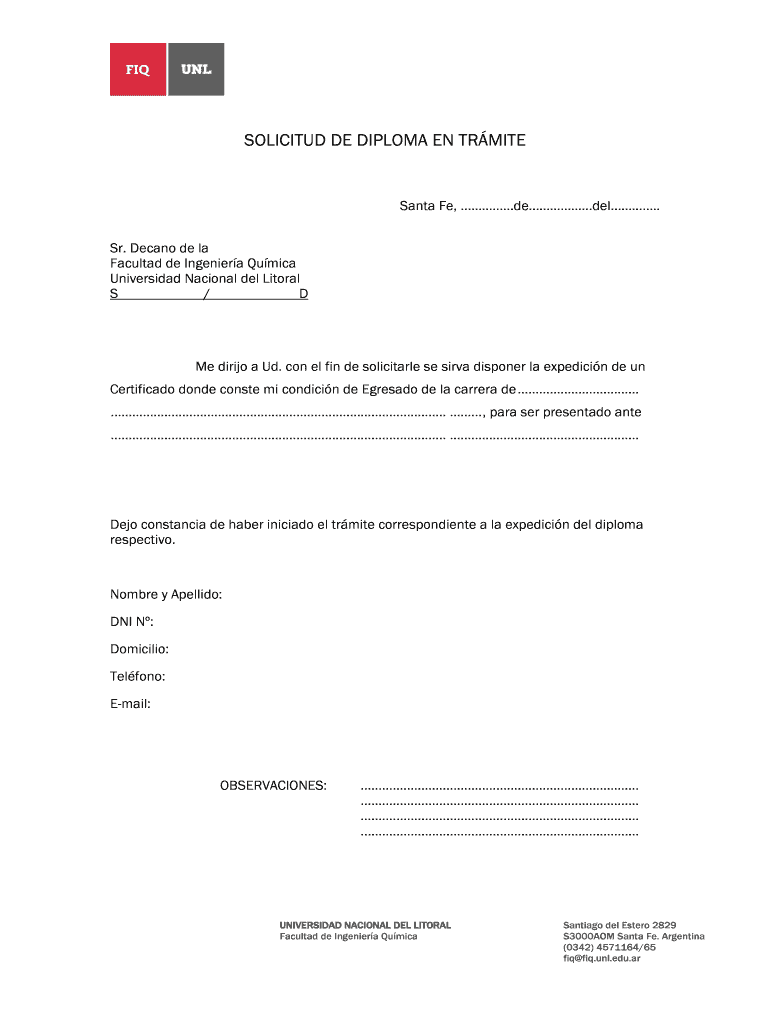 Solicitud de diploma en tr mite - Facultad de Ingenier a Qu mica Vista previa en la página 1