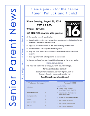 Please join us for the Senior Parent Potluck and Picnic s - bhsparents