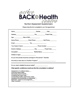 nutritional assessment questionnaire forms fillable printable