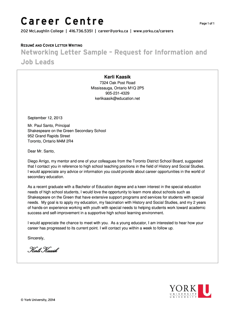 Fillable Online Networking Letter Sample Request for Information and