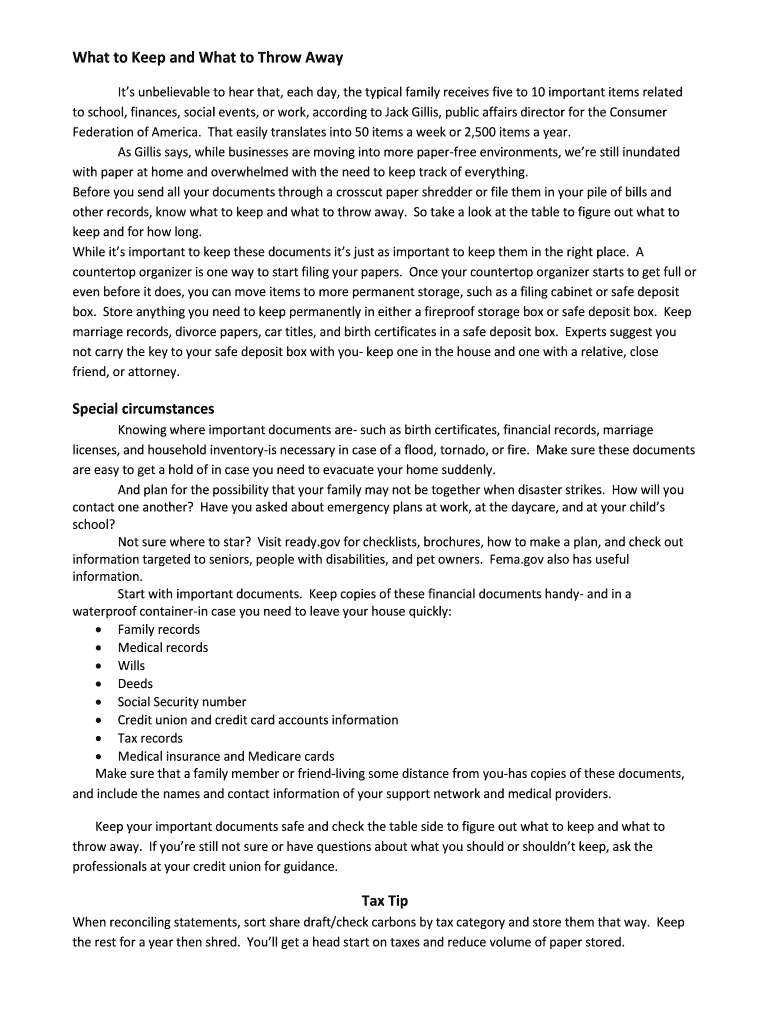Fillable Online What to Keep and What to Throw Away Fax Email Print