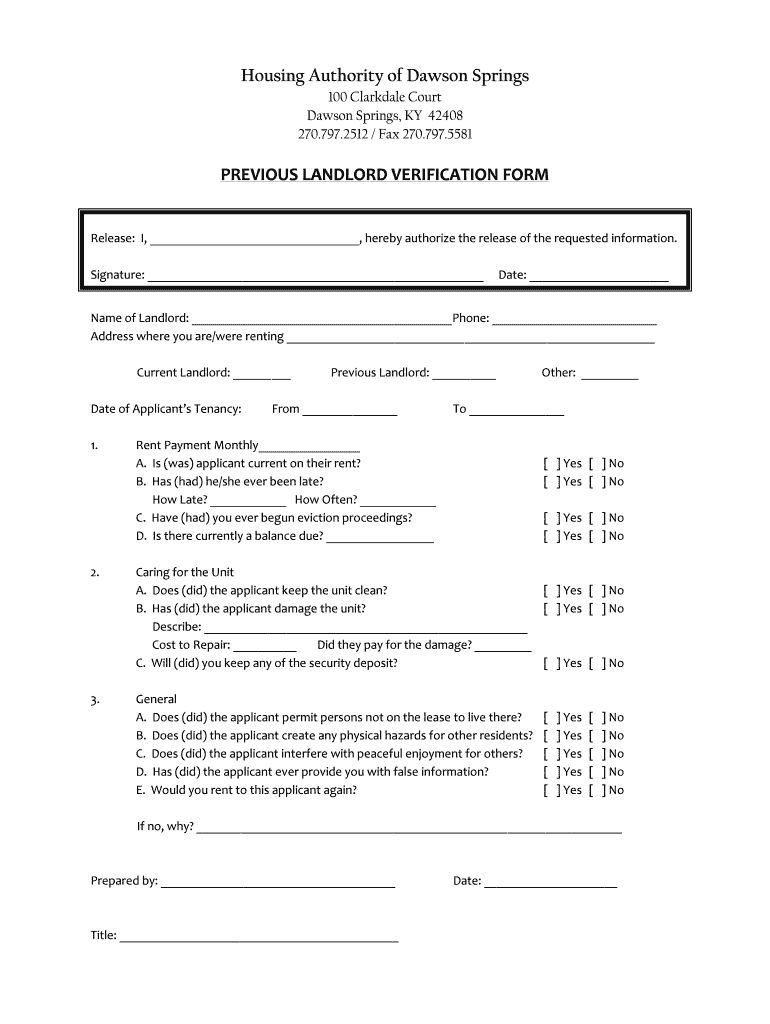 Fillable Online Housing Authority of Dawson Springs PREVIOUS bLANDLORDb