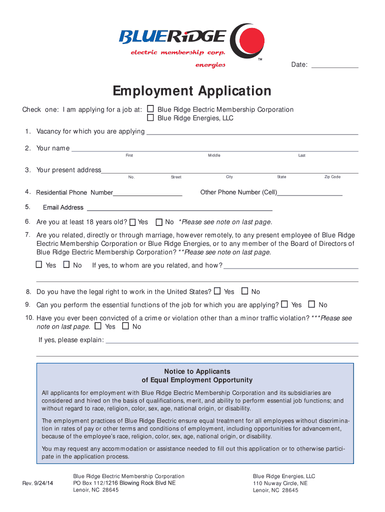 Fillable Online Employment Application Blue Ridge Energies LLC Fax